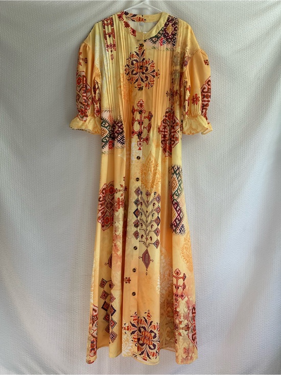 Dresses & Skirts - Boho Yellow Printed Maxi Dress Size: Large Puff Sleeve Button Front Cottagecore